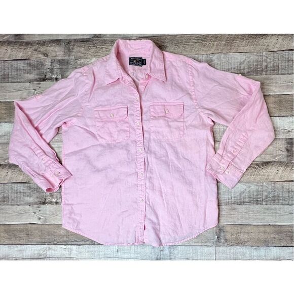 American Living Pink Adjustable Sleeves Pockets Button Up Linen Shirt sz Large - Picture 1 of 14